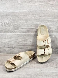 Women's Flat Slide Sandals 2 Strap Adjustable Buckle Slip on Slides Beige Tan 7 - Picture 1 of 8