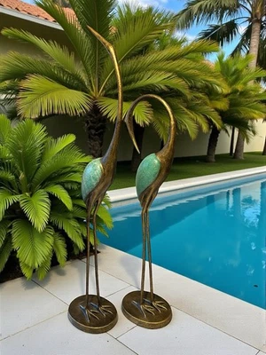 Elegant Verdi Blue Bronze Patina Cranes Pair Aluminum Garden Art Sculptures - Image 1 of 4