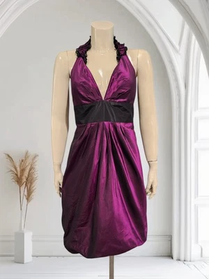 Vestido de cóctel acampanado calce halter con volantes berenjena púrpura seda para mujer KAY UNGER 14 Foto 1 de 4