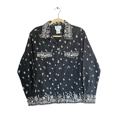 The Quacker Factory Black Paisley Rhinestone Pearl Button Denim Jacket Womens M - Image 1 of 4
