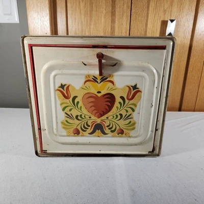 Vintage Metal 2 Shelf Pie Safe bread Box Tulip Hearts Norwegian Rosemaling Decal - Image 1 of 4