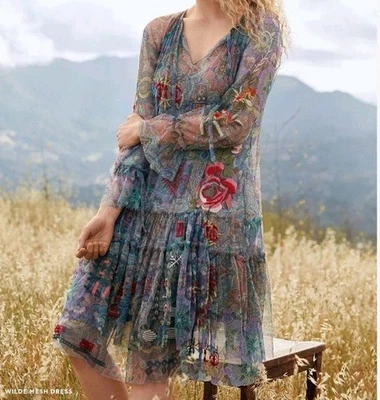 Vestido midi Johnny Was Biya Wilde bordado de malla talla S Foto 1 de 4