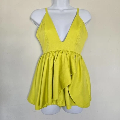Evenuel Yellow Textured V-Neck Peplum Romper Size M Flirty Retro Festival Summer - Image 1 of 4