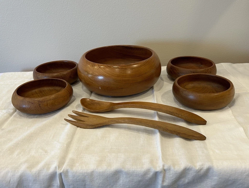 Winsome тонкие тиковые деревянные сервировочные и салатницы плюс серверы 7 шт набор MCM ретро - Изображение 1 из 4