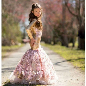 New Gold Shinny Flower Girl Mermaid Dresses Sequins Applique Pageant Gowns Party - Picture 1 of 7