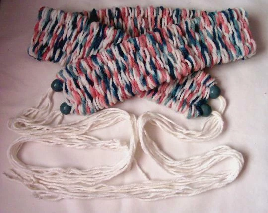 Pink, Blue, & White Hand Woven Yarn Tie Belt W/ Wooden Beads 2 1/2 X 27" Unisex - Image 1 of 1