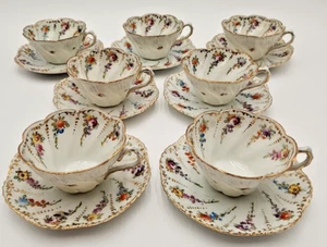 Set of 7 Antique Early Dresden Tea Cups and Saucers Hand Painted Flowers Scallop - Picture 1 of 23