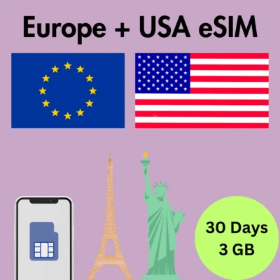 Europe + USA Prepaid Travel eSIM Card 3GB Data 5G/4G Lte 30 Days - Image 1 of 3