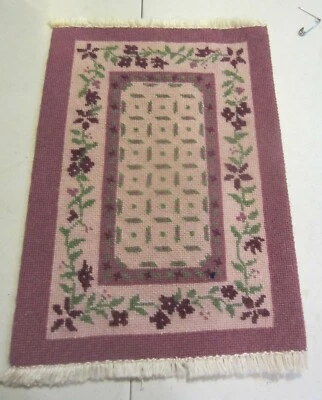 Dollhouse miniature artisan made needlepoint rug purple floral - Image 1 of 4