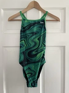 Tyr Green Marble Swirl Pattern Women’s Swimsuit 30(S) Racer Back Team Swim - Picture 1 of 8