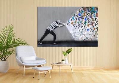 За занавеской Бэнкси, граффити искусства, красочный бабочка холст, уличное искусство - Изображение 1 из 4