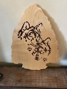 Lovely Cuddling Wolf Couple Arrowhead Carved Wood Wall Plaque Hanging Native Art