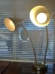 Vtg 1950s American Midcentury Gooseneck Double Head Atomic Age Brass Desk Lamp - Picture 1 of 11