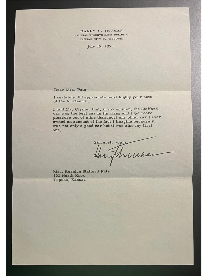 Harry Truman 1955 carta mecanografiada firmada - discutiendo su primer coche - presidente Foto 1 de 1