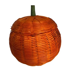 Cesta de mimbre calabaza con tapa Halloween otoño naranja decoración tejida vacaciones - Imagen 1 de 9