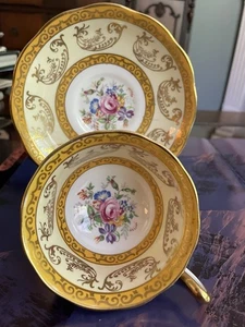 Royal Albert Bright Yellow Rim Gold Filigree Floral Pink Rose Tea Cup & Saucer - Picture 1 of 16