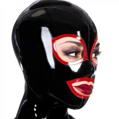 Black Latex Hood with Red Brim Open Eyes Mouth Back Zipper Rubber Mask Club Wear - Image 1 of 3