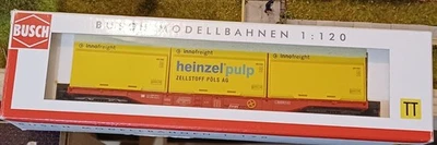 Modelleisenbahn Spur TT, Containerwagen mit 3 Holzschnitzelcontainern von BUSCH - Bild 1 von 4