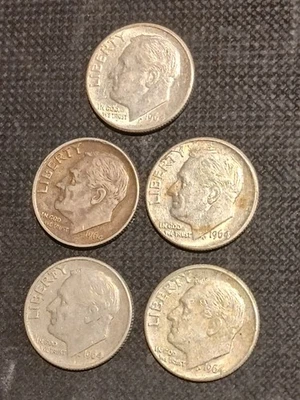 Roosevelt Dimes 90% Silver Circulated 1964 Lot of 5, Free Shipping - Image 1 of 2