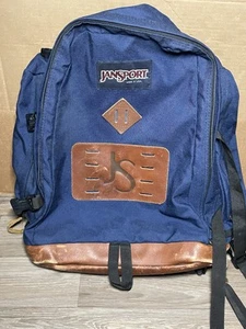 Vintage 90s JanSport Leather Bottom Backpack Day Pack Blue Made in USA - Picture 1 of 7