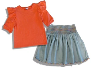 Girls 12 HABITUAL Orange TRuffled Sleeve Tee and PEEK Smocked Chambray Skirt NWT - Picture 1 of 5