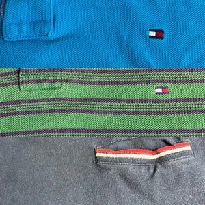 Tommy Hilfiger Polo Collar Shirt Waffle Knit Sz XXL Box Flag Blue Green Striped - Picture 1 of 12