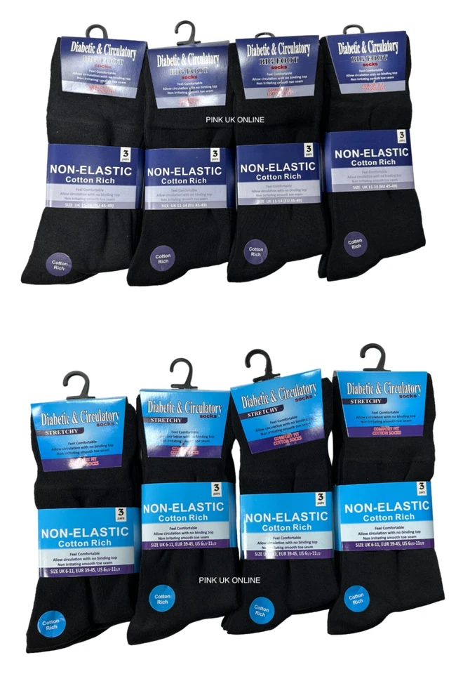 Calcetines para diabéticos para hombre no elásticos algodón ricos en negro liso pie grande talla 6-11 - 14 Foto 1 de 1
