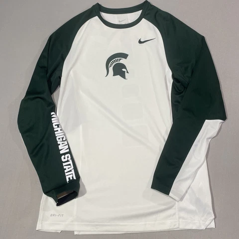 Michigan State Spartans Shirt Medium Men White Green Long Sleeve Nike Dri Fit Cover