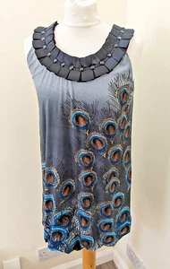 AX Paris Satin Dress Size 10 UK Black Grey Peacock Feathers - Picture 1 of 5