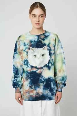 Paul & Joe Sister 蓝色棕褐色 Jordy 领带染料猫印花长袖运动衫 2 M — 第 1/4 张图片