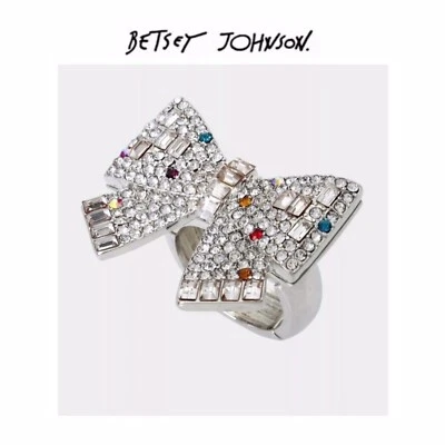 NWT Betsey Johnson POP HEART BOW Rhodium Plated CZ Crystals Stretch Ring- 7.5 - Image 1 of 4