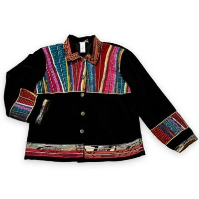 Chaqueta Coldwater Creek Artsy Boho Negra Terciopelo Colorido Patchwork Rayas Mediana Foto 1 de 4