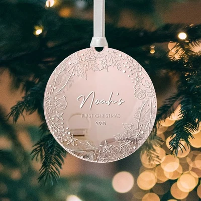 LASER MADE OCCASIONS Personalised Baby's First Christmas Mirror Bauble: Keepsake Decoration Gift