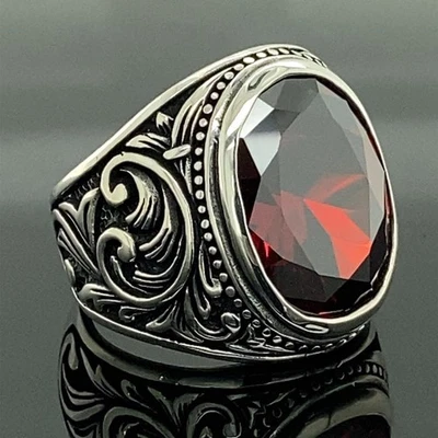 Men Handmade Ruby Stone Oval Red Stone Ring Ottoman Style Handmade Ring - Image 1 of 4