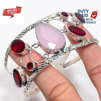 Venta de Navidad 925 Plata Genuino Cuarzo Rosa Granate Hermana Brazalete de Moda Foto 1 de 4