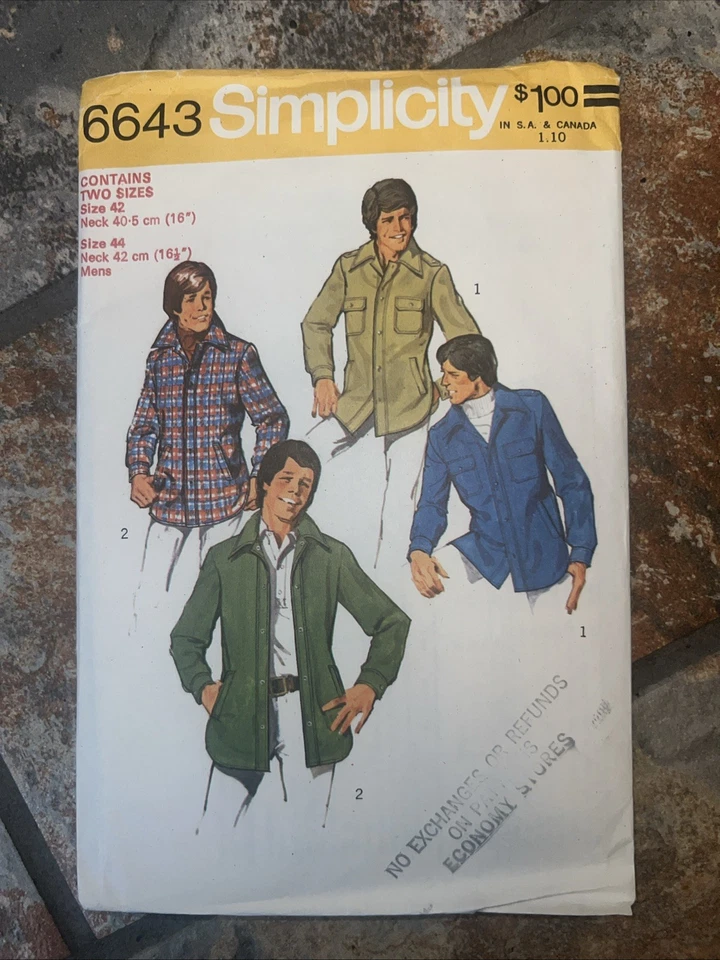 Vintage Simplicity 6643 Men’s Shirt Jacket Sizes 42 (16” Neck) & 44 (16.5” Neck) - Image 1 of 1