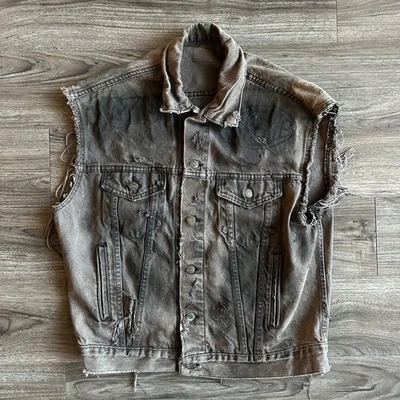 80s Vintage Distressed Faded Levi’s Denim Dyed Hand Drawn Crust Punk Vest L - Image 1 of 4