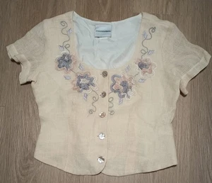 Vtg 80s DENNIS GOLDSMITH Beige Linen Gauze Mother of Pearl Buttons Crop Top M - Picture 1 of 9