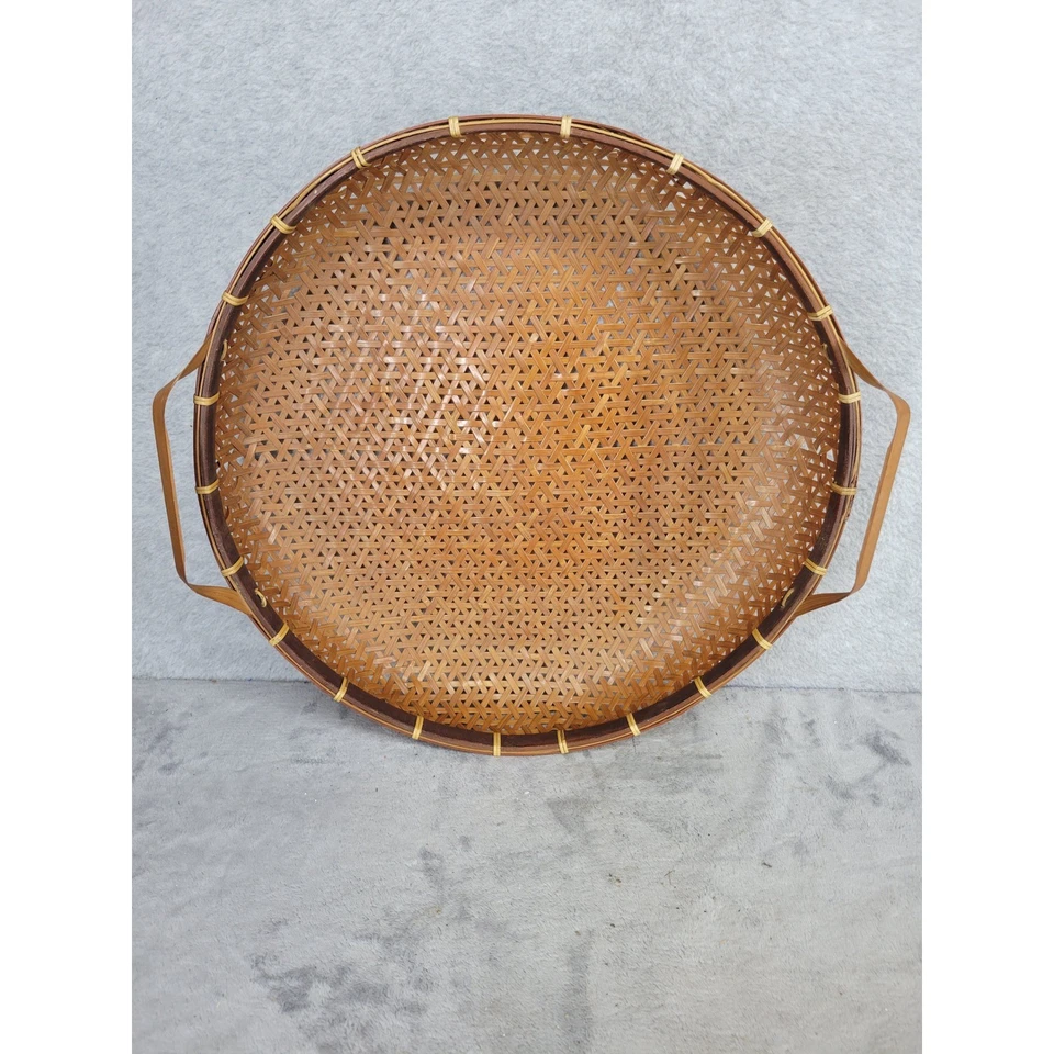 Bandeja redonda tejida de bambú con asas decoración de cocina rústica decorativa Foto 1 de 4