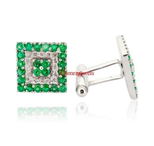 Natural Green Onyx Gemstone With 18K White Gold Plated Silver Cufflinks #14 - Picture 1 of 14