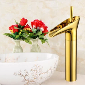 Rubinetto lavabo bagno a cascata monocomando lavabo oro new - Foto 1 di 12