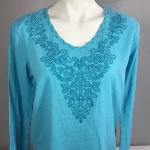 Susan Graver Small Tunic Blue Sequined Gauze Long Sleeve NEW Cotton Oversized - Picture 1 of 10