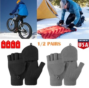 2× Knitted Convertible Mittens Flap Fingerless Gloves Warm Thermal Winter USA - Picture 1 of 17