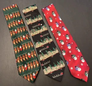 3 Men's Silk Poly Christmas Holiday Neckties Ties Santa Reindeer Cactus Snowmen - Picture 1 of 13