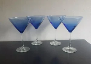 Set Of 4 Cobalt Blue Martini Margarita Cocktail Glasses Clear Stem EUC - Picture 1 of 4