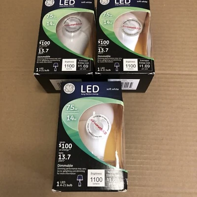 GE LED Soft White 75W Dimmable 1 LED A-21 bulb Brightness 1100 Lumens 3x - Image 1 of 4