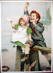 art print~SEE YA SOON~Children on Beach Nautical Victorian boat vtg re 10.5x14.5 - Picture 1 of 1