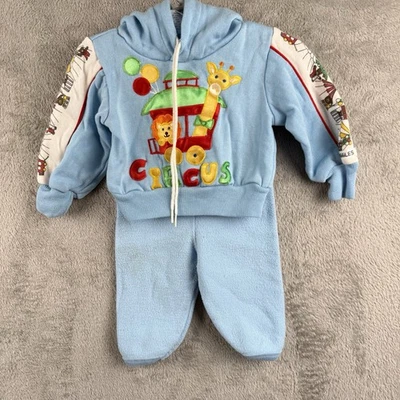 Joggles Outfit Baby Boy 3-6 Blue Circus Giraffe Lion Hooded Sweat Suit 80s VTG - Image 1 of 4