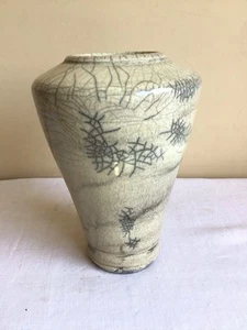 Artisan Handcrafted Cream Black Vein Raku Glazed Studio Art Pottery Vase - Picture 1 of 6