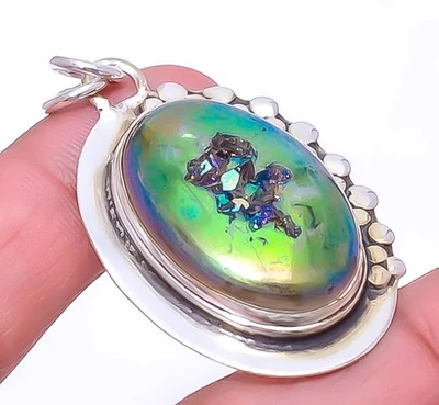 Titanium Peacock Agate Drusy Gemstone 925 Sterling Silver Pendant 1.95" P7519-77 - Image 1 of 4
